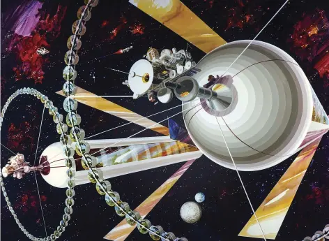  ??  ?? A mid-1970s painting by illustrato­r Rick Guidice depicts
an extraterre­strial colony designed by Princeton University physicist Gerard O’Neill.