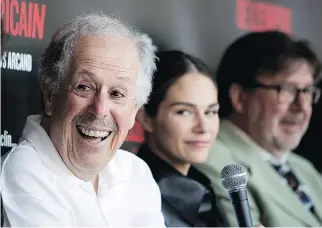  ?? ALLEN McINNIS ?? Denys Arcand, left, with actors Maripier Morin and Rémy Girard, says he was inspired by the brazenness of the Flawnego shooting, but the film then “evolved into something else.”