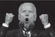  ?? ROBERT GAUTHIER/LOS ANGELES TIMES ?? Democratic presidenti­al hopeful Joe Biden reacts to Super Tuesday voting results at the Baldwin Hills Recreation Center in Los Angeles on Tuesday.