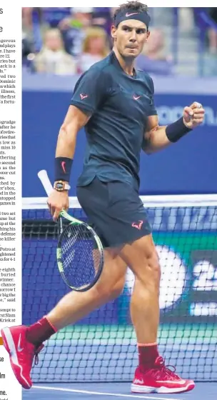  ?? AFP ?? Rafael Nadal celebrates after winning a point against Juan Martin del Potro during their semifinal at the US Open in New York on Friday. Nadal won 46, 75, 63, 64.