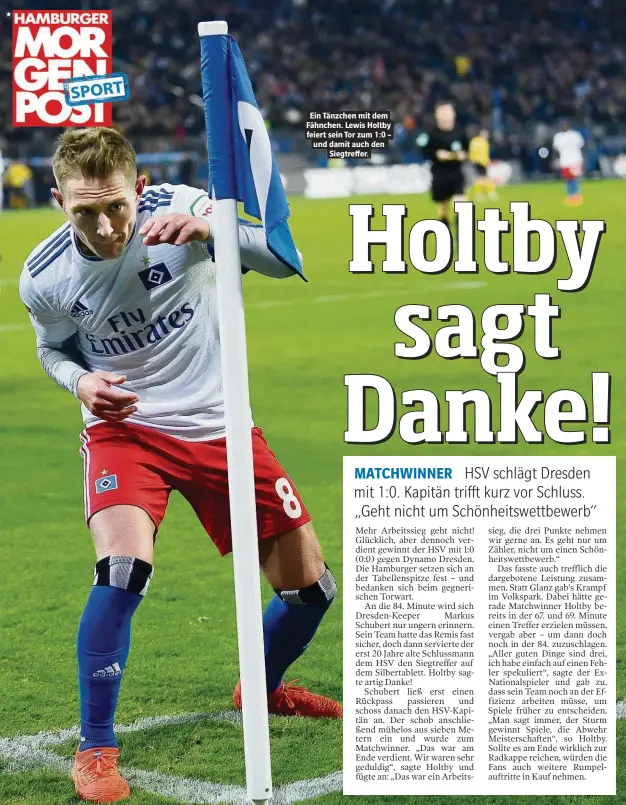  ??  ?? Ein Tänzchen mit dem Fähnchen. Lewis Holtby feiert sein Tor zum 1:0 – und damit auch den Siegtreffe­r.