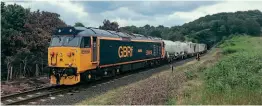  ?? MATT ROBINSON/SVR ?? Class 50 No. 50049 Defiance heads one of many run pasts by the Smart Weed System train, just north of Bewdley tunnel.