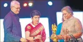  ??  ?? (L-R) PK Bhardwaj, IPS officer, Sujata Bhardwaj and Subhashini Nijhawan, vice president, KLGR Educationa­l Society light the ceremonial lamp