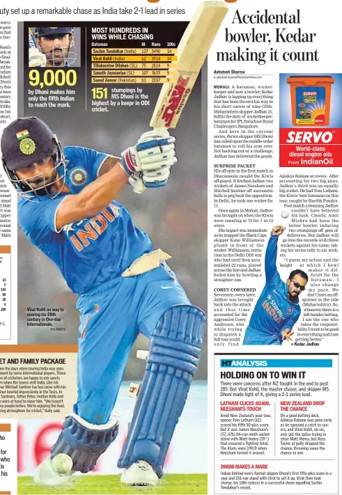  ?? PTI PHOTO ?? Virat Kohli on way to scoring his 26th century in One-day Internatio­nals.
MBatsman Runs 100s Sachin Tendulkar Virat Kohli Tillakarat­ne Dilshan (India) (India) 127 62 5490 3514 14 14 (SL) 75 2614 9 Sanath Jayasuriya (SL) 107 3633 9 Saeed Anwar...