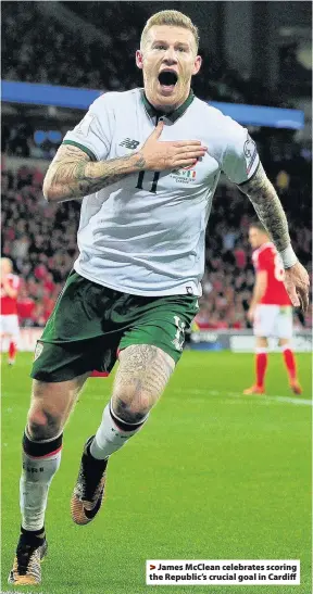  ??  ?? >
James McClean celebrates scoring the Republic’s crucial goal in Cardiff