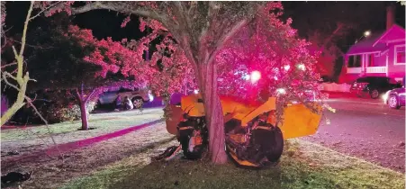  ?? OAK BAY POLICE ?? A new driver with a bumper sticker that read “Street racing is not a crime,” wrapped a car around a tree early Thursday, sending one of three passengers to hospital. The driver was clocked doing 73 kilometres an hour in a 40 km/h zone on Beach Drive.
