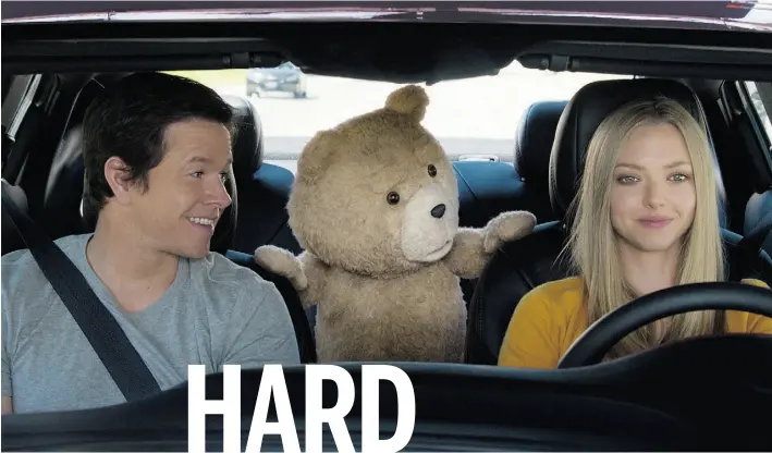  ?? Photos: Universal Pictures ?? John (Mark Wahlberg) Ted (voiced by Seth MacFarlane) and Sam (Amanda Seyfried) are on the road to nowhere in Ted 2.