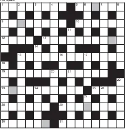  ?? ?? FOR your chance to win, solve the crossword to reveal the word reading down the shaded boxes. HOW TO ENTER: Call 0901 293 6233 and leave today’s answer and your details, or TEXT 65700 with the word CRYPTIC, your answer and your name. Texts and calls cost £1 plus standard network charges. Or enter by post by sending the completed crossword to Daily Mail Prize Crossword 17,029, PO Box 28, Colchester, Essex CO2 8GF. Please include your name and address. One weekly winner chosen from all correct daily entries received between 00.01 Monday and 23.59 Friday. Postal entries must be date-stamped no later than the following day to qualify. Calls/texts must be received by 23.59; answers change at 00.01. UK residents aged 18+, excl NI. Terms apply, see Page 50.