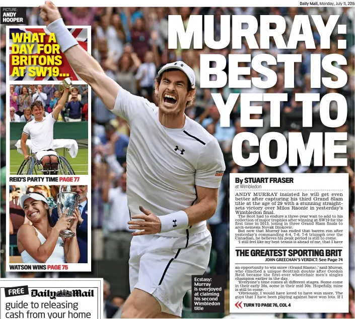  ?? PICTURE: ANDY HOOPER ?? Ecstasy: Murray is overjoyed at claiming his second Wimbledon title