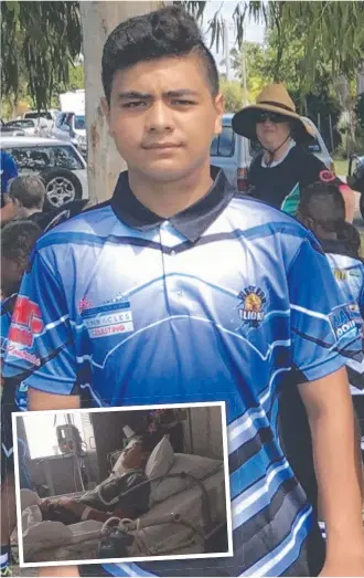  ??  ?? BATTLE: Talented rugby league player Kaiya- Gene Kerekere, 15, who is being treated for throat cancer ( inset) in Brisbane’s Princess Alexandra Hospital.