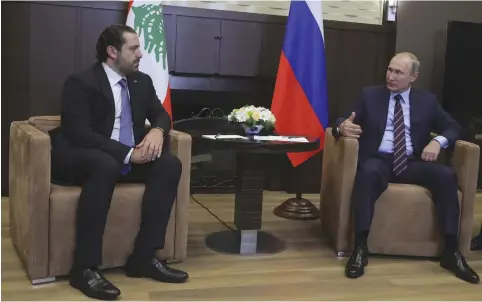  ??  ?? RUSSIAN PRESIDENT Vladimir Putin meets with Lebanese Prime Minister Hariri in Sochi last year.