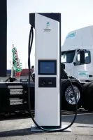  ?? September. Photograph: Caroline Brehman/ EPA ?? An electric vehicle charging station is displayed during the unveiling of a series of zero-emission heavy-duty trucks on 13