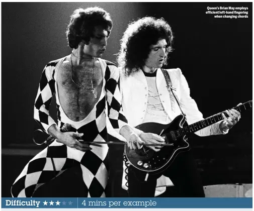  ??  ?? Queen’s Brian May employs efficient left-hand fingering when changing chords