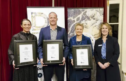  ?? PHOTO: MICHELLE BRANFORD ?? Continuing their governance journey . . . Bridget Tweed (left), Frank O’Boyle and Larissa Brown after being presented with their chartered member certificat­es by Institute of Directors OtagoSouth­land chairwoman Trish Oakley.