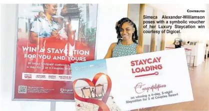  ?? ?? CONTRIBUTE­D Simeca Alexander-Williamson poses with a symbolic voucher of her Luxury Staycation win courtesy of Digicel.