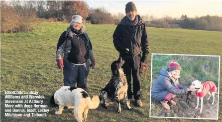  ??  ?? EXERCISE: Lindsay Williams and Warwick Stevenson at Astbury Mere with dogs Herman and Dennis. Inset, Lesley Mitchison and Thibault.