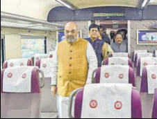  ?? ANI ?? Union home ministers Amit Shah, Piyush Goyal and Harsh Vardhan inside the Vande Bharat Express in New Delhi on Thursday.