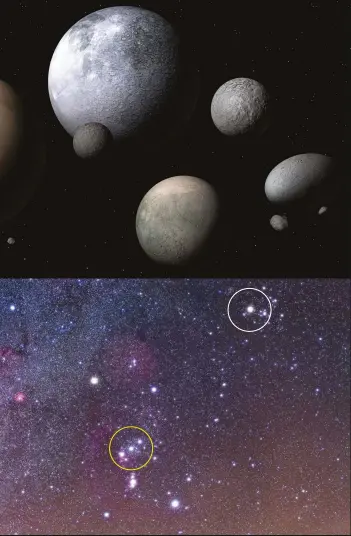  ??  ?? TOP: The five confirmed dwarf planets in our Solar System and their moons. From left to right: Pluto; Eris; Makemake; Ceres; Haumea