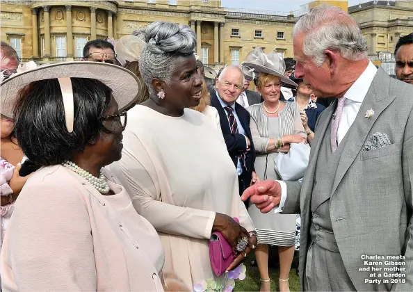  ??  ?? Charles meets Karen Gibson and her mother at a Garden Party in 2018