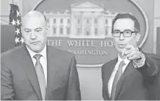  ?? MICHAEL REYNOLDS, EUROPEAN PRESSPHOTO AGENCY ?? National Economic Director Gary Cohn, left, and Treasury Secretary Steven Mnuchin brief the news media at the White House. Mnuchin has formed a group to study the bond idea.