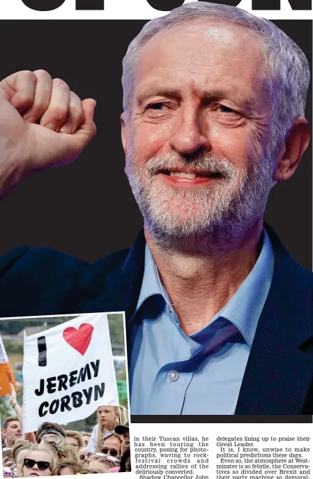  ??  ?? Rallying cry: Corbyn greets his fans (inset) at Glastonbur­y