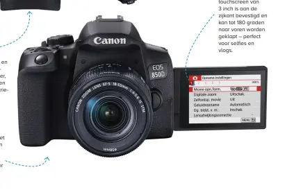  ??  ?? ACCU
De accu van de 850D is niet veranderd ten opzichte van zijn voorganger. Met een capaciteit van 1040 mAh maakt de camera ongeveer 800 foto's per acculading.
DISPLAY
Het praktische touchscree­n van 3 inch is aan de zijkant bevestigd en kan tot 180 graden naar voren worden geklapt – perfect voor selfies en vlogs.
