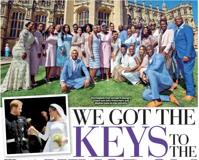  ??  ?? The Kingdom Choir outside St George’s Chapel and (left) Prince Harry and Meghan leave as man and wife