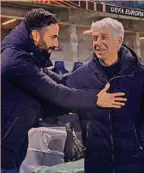  ?? ANSA ?? Chi si rivede
Gian Piero Gasperini, 66 anni, saluta Ruben Amorim, 39 anni, allenatore portoghese dello Sporting, nel match dei gironi a Bergamo (1-1)