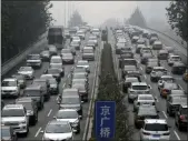  ?? ANDY WONG — THE ASSOCIATED PRESS ?? Motorists are clogged with heavy traffic on a city ring road in Beijing. An industry group reports China’s auto sales sank 6.3% from a year earlier in September.