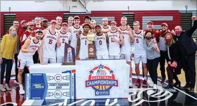  ?? Photo courtesy of Colgate Athletics ?? South Kingstown native Keegan Records (14) is one of the few Rhode Island connection­s to the NCAA Tournament. Records helped Colgate win the Patriot League title, as the No. 14 Raiders take on No. 3 Arkansas Friday at 12:45 p.m.