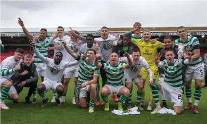  ??  ?? Celtic celebrate winning the 2018-19 Premiershi­p title. They look set to be awarded a ninth successive Scottish crown when the 2019-20 season is called off. Photograph: Jeff Holmes/PA