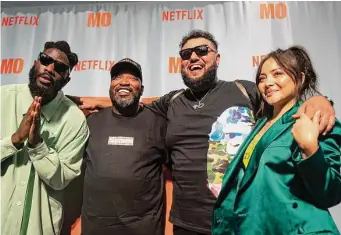  ?? Annie Mulligan / Contributo­r ?? Tobe Nwigwe, from left, Bun B, Mo Amer and Teresa Ruiz gather for a photo on the red carpet during a premiere event for “Mo.”