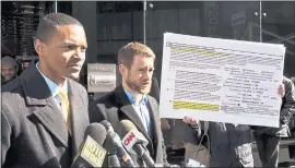  ?? THE ASSOCIATED PRESS ?? New York City Council Member Ritchie Torres, left, and Housing Rights Initiative Executive Director Aaron Carr call for an investigat­ion of Jared Kushner’s family real estate company.