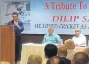  ?? HT PHOTO ?? Sanjay Manjrekar (left) delivering the Dilip Sardesai Memorial Lecture at the Cricket Club of India on Monday.