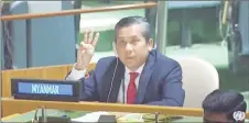  ??  ?? This screengrab of handout video made available on the United Nations’ YouTube channel shows Kyaw Moe Tun making a threefinge­r salute as he addresses an informal meeting of the United Nations General Assembly in New York.