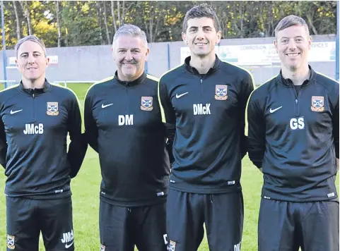 ??  ?? Forfar West End boss Daryl McKenzie (second from right) with his backroom team (from left) Jamie McBrearty, Darren McKenzie and Graeme Stephen.