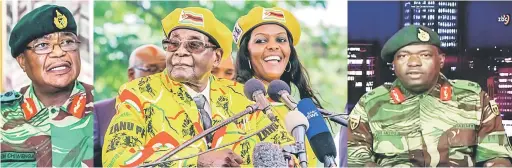  ?? — Gambar AFP/Reuters ?? KRISIS DOMESTIK: Kombinasi gambar menunjukka­n (dari kiri) Chiwenga mengadakan sidang akhbar di ibu pejabat tentera di Harare pada Isnin lalu; Mugabe dan Grace semasa acara di ibu pejabat parti pada 8 November lalu; dan Moyo membuat pengumuman dalam...