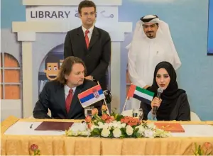  ?? Supplied photo ?? Representa­tives of the Sharjah Book Authority and National Library of Serbia announce details of their agreement during the Sharjah Children’s Reading Festival. —