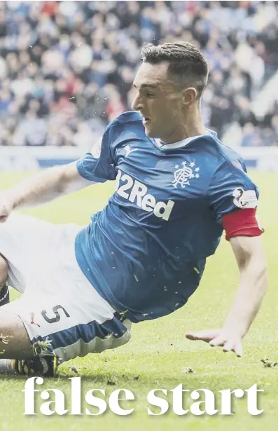  ??  ?? 0 Lee Wallace and Hearts’ Jamie Brandon go to ground at Ibrox, while, left, Rangers manager Pedro Caixinha gets on the ball and, below, visiting defender Christophe Berra deals with Alfredo Morelos.