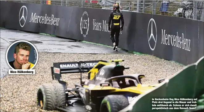  ??  ?? In Hockenheim flog Nico Hülkenberg auf Platz drei liegend in die Mauer und trottete enttäusch ab. Schoss er sich damit perspektiv­isch aus dem Renault-Team?
Nico Hülkenberg