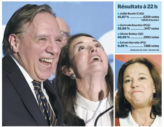  ?? PHOTOS JEAN-FRANÇOIS DESGAGNÉS ET ANNIE T. ROUSSEL ?? La nouvelle députée Joëlle Boutin, accompagné­e de François Legault, a remercié les électeurs de Jean-Talon pour cette « victoire historique », dans un comté qui était représenté depuis plus de 50 ans par les libéraux, en battant Gertrude Bourdon (mortaise).