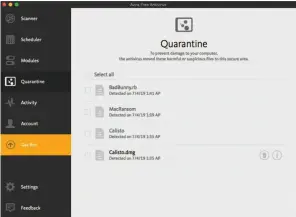  ??  ?? The Quarantine section in Avira for Mac Pro.