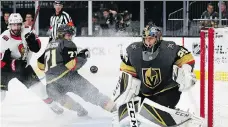  ?? JOHN LOCHER/THE ASSOCIATED PRESS ?? Marc-andre Fleury and his Vegas Golden Knights teammates have been outscored 30-26 and have allowed three or more goals seven times so far this season in a 5-5-1 start that has seen injuries and off-season changes take its toll on the roster.