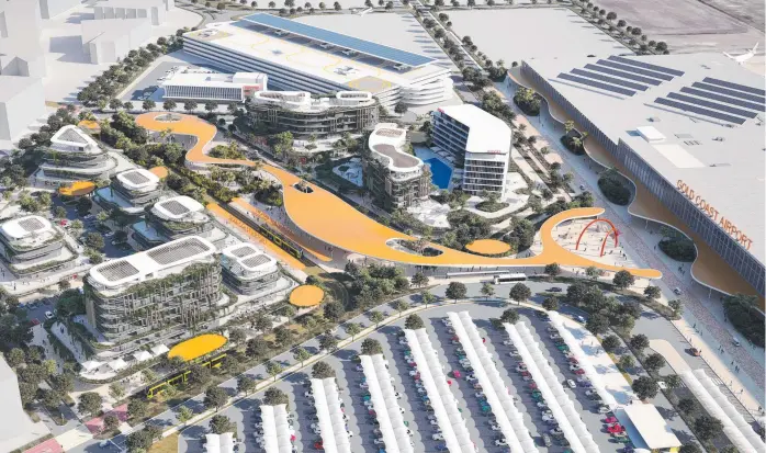  ?? ?? Artist impression of the new Gold Coast Airport masterplan, which features new hotels, a light rail connection and retail precinct. Picture: Supplied