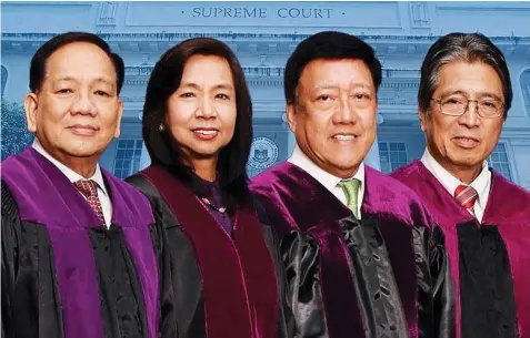  ??  ?? Associate Justices Diosdado Peralta, Estela Perlas-Bernabe, Andres Reyes Jr. and Jose Reyes Jr. are vying for the chief justice post. PHILIPPINE STAR NEWS SERVICE