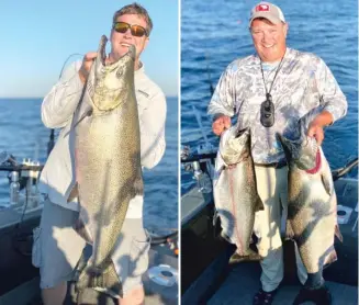  ?? PROVIDED ?? Dan Keifer (left) with his near-record Chinook salmon. Brad Reineking (right) gives a comparison between a 22-pound and a 35-pound-plus Chinook.