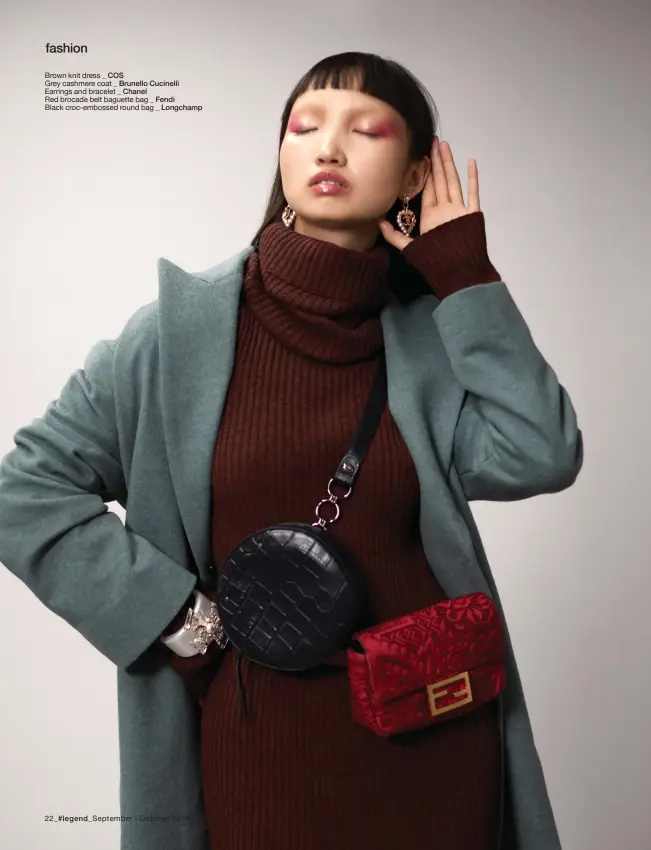  ??  ?? Brown knit dress _ COS Grey cashmere coat _ Brunello Cucinelli Earrings and bracelet _ Chanel Red brocade belt baguette bag _ Fendi Black croc-embossed round bag _ Longchamp