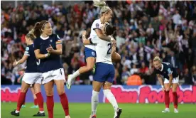  ?? Lee Smith/Action Images/Reuters ?? Lucy Bronze celebrates scoring the opening goal for England with Rachel Daly. Photograph: