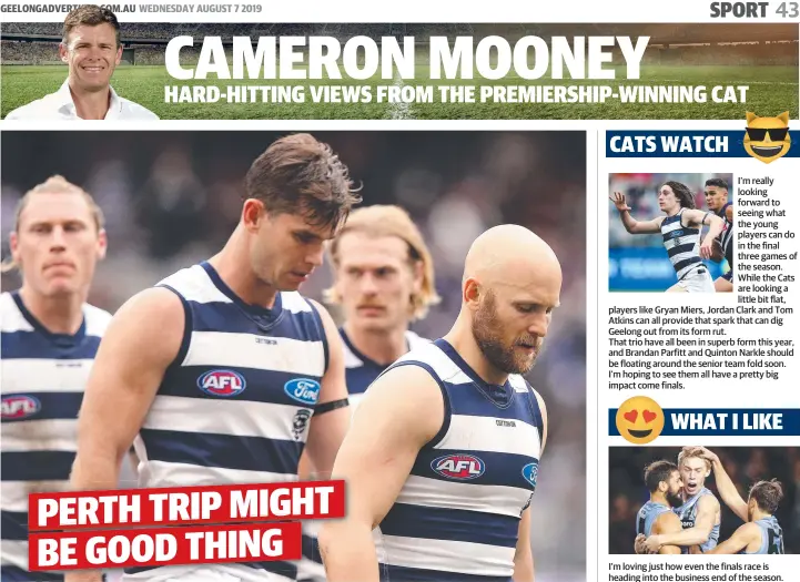  ?? Picture: GETTY IMAGES ?? GUTTED: A disappoint­ed Tom Hawkins and Gary Ablett walk off Optus Stadium after Geelong lost to Fremantle on Saturday.