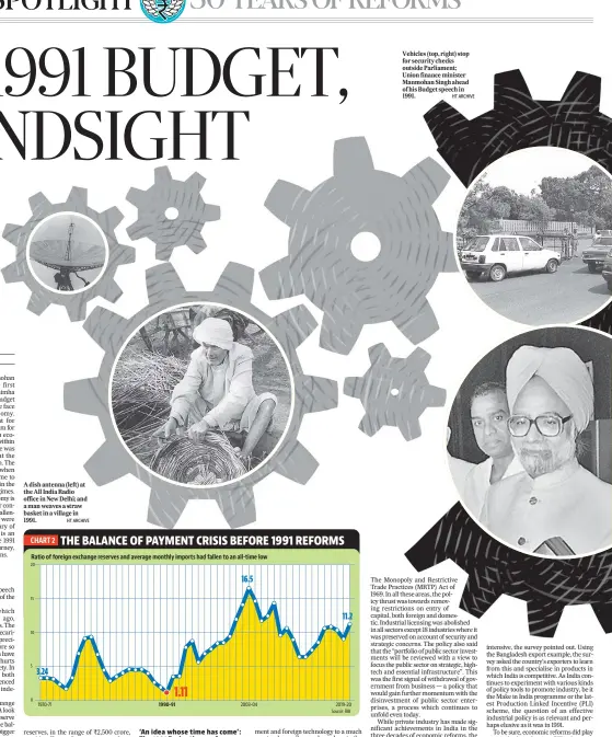  ?? HT ARCHIVE
HT ARCHIVE ?? A dish antenna (left) at the All India Radio office in New Delhi; and a man weaves a straw basket in a village in 1991.
Vehicles (top, right) stop for security checks outside Parliament; Union finance minister Manmohan Singh ahead of his Budget speech in 1991.